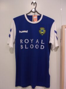 Blue sport shirt with white sleeves.